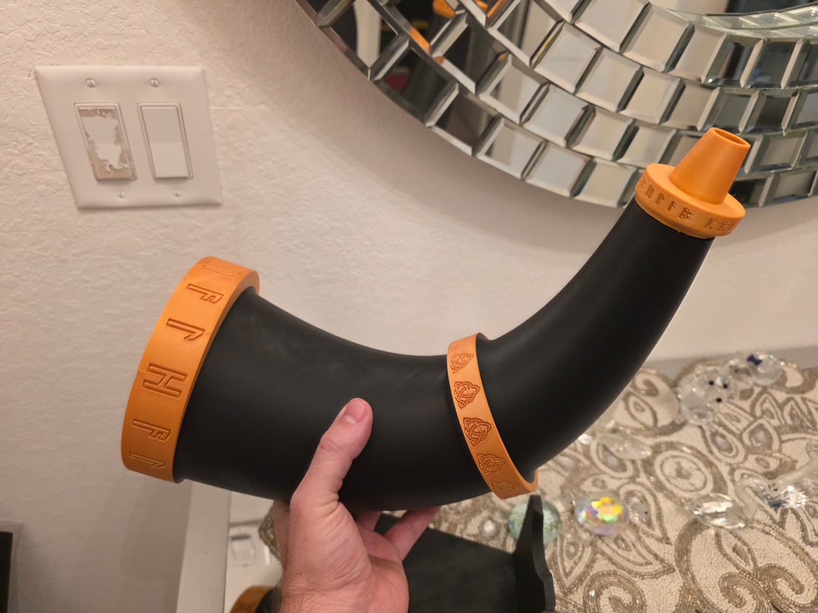 Viking War Horn Prop | 3D Printed Runic Trumpet Replica | Norse Mythology Desk Decor