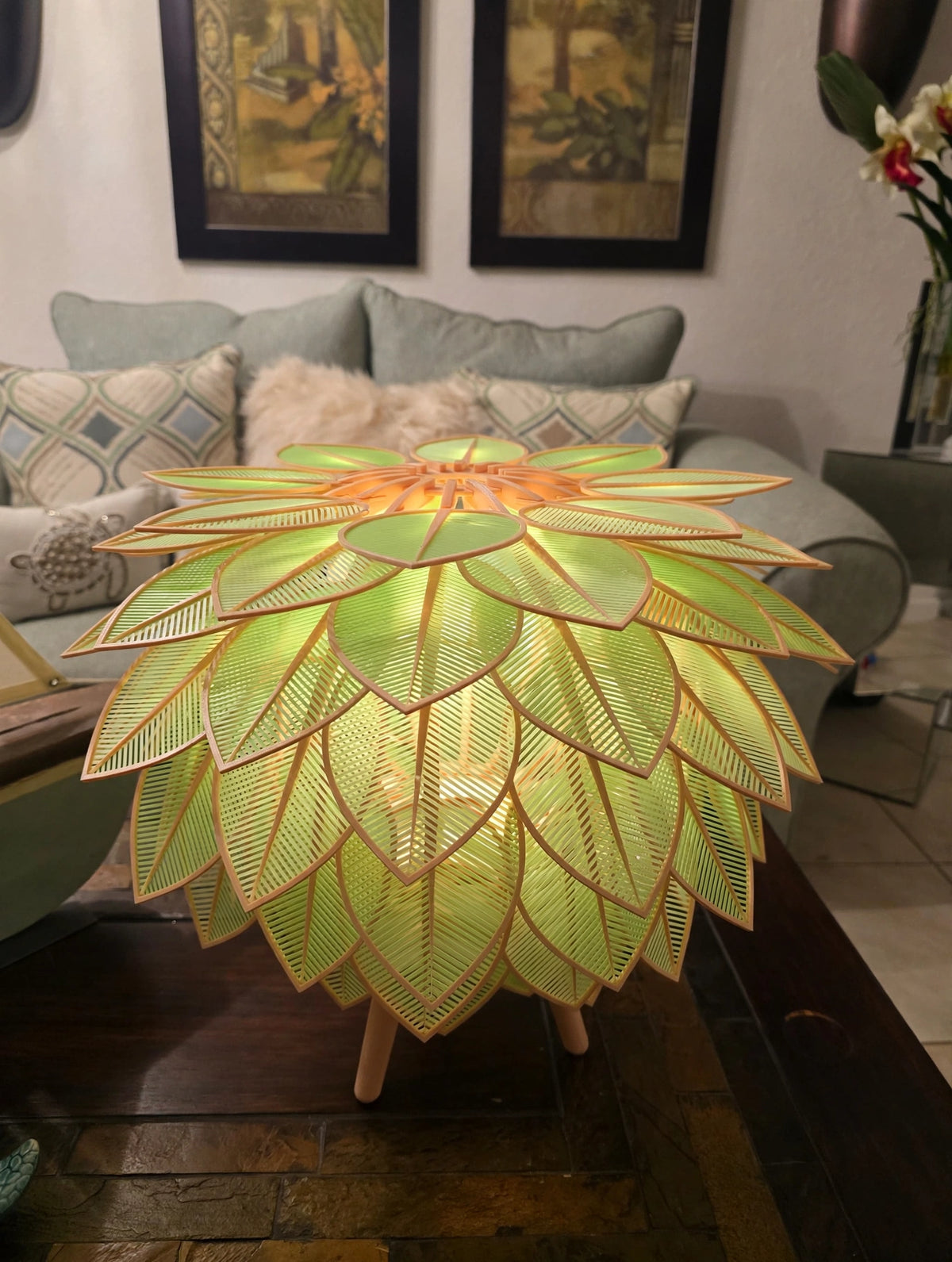 Top view of assembled leaf lamp glowing