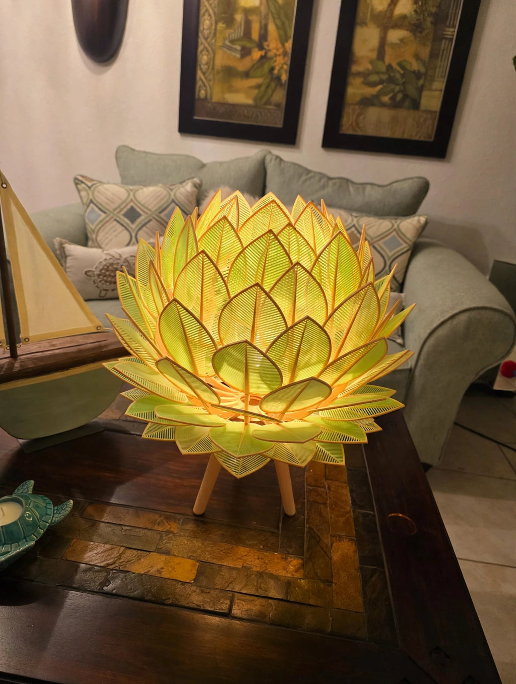 Leaf lamp front view glowing warm