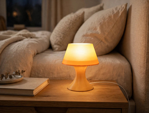 Mini desk lamp glowing on nightstand